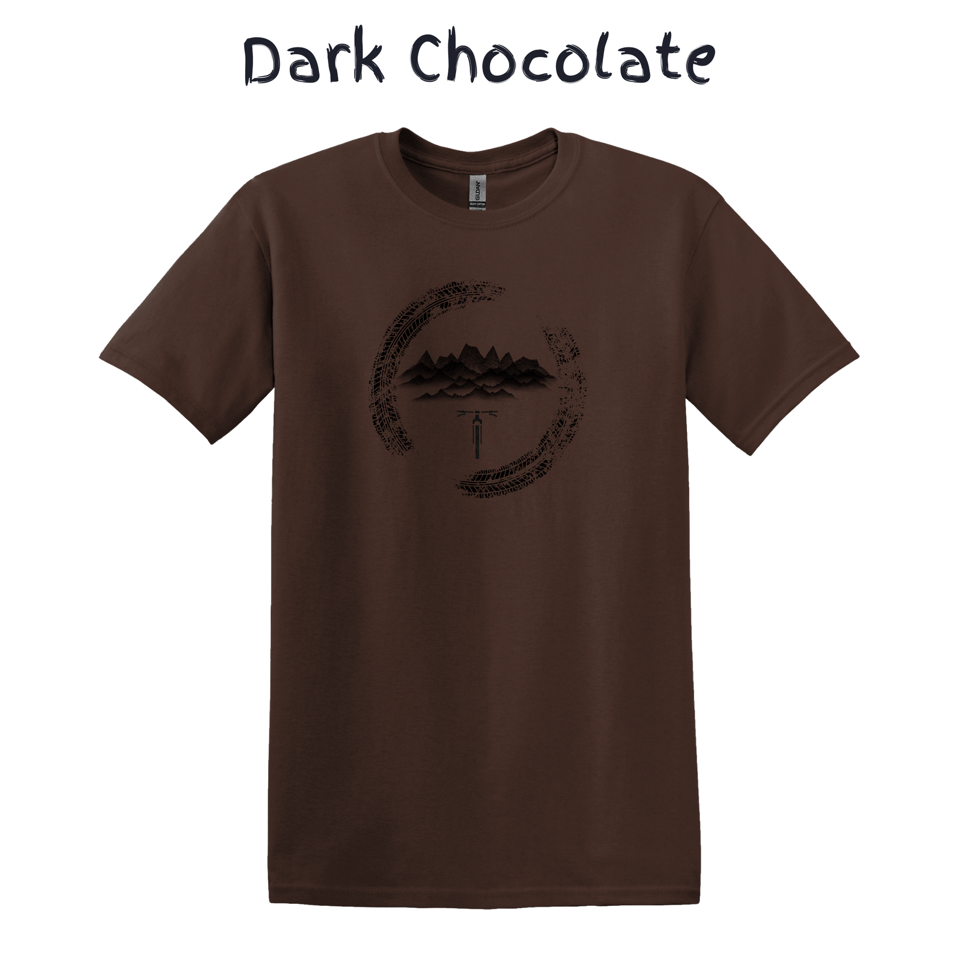 Brown t-shirt with a mountain bike graphic design on a white background