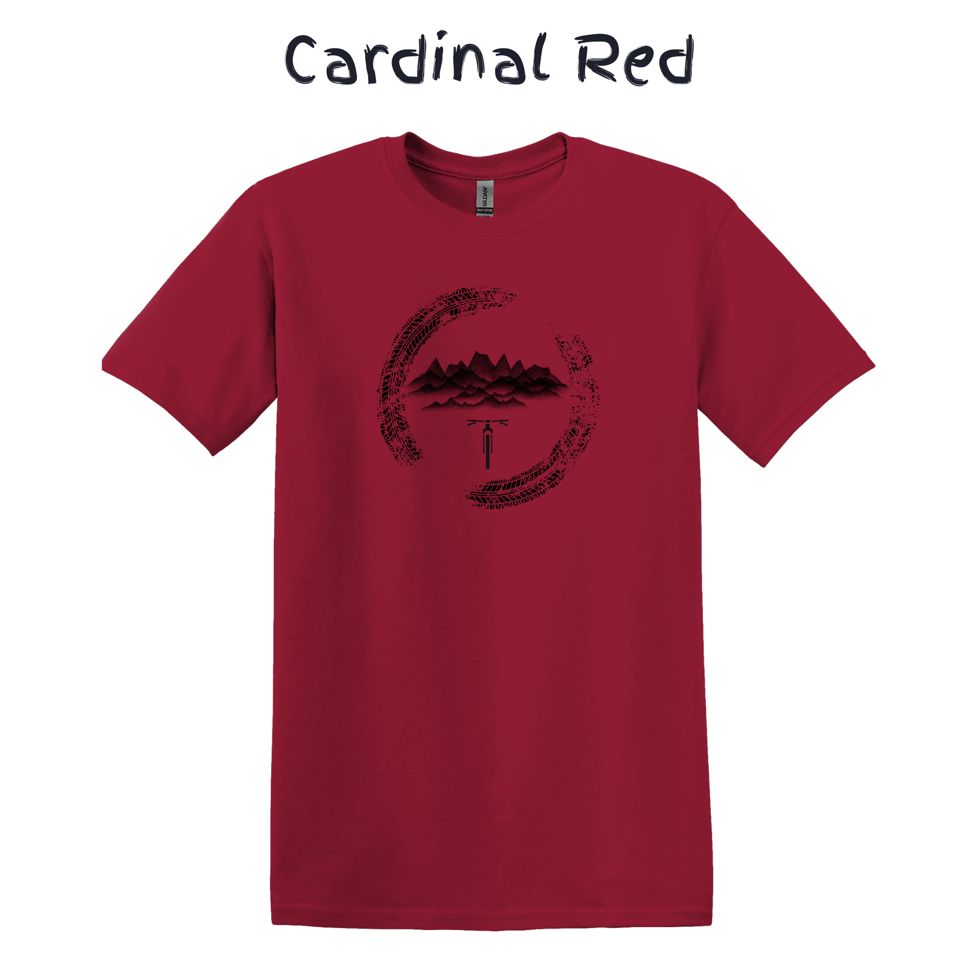 Red t-shirt with a mountain bike black graphic design on a white background
