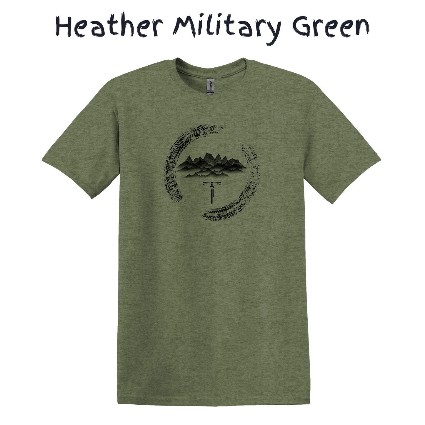 Green t-shirt with a black mountain bike graphic design on a white background