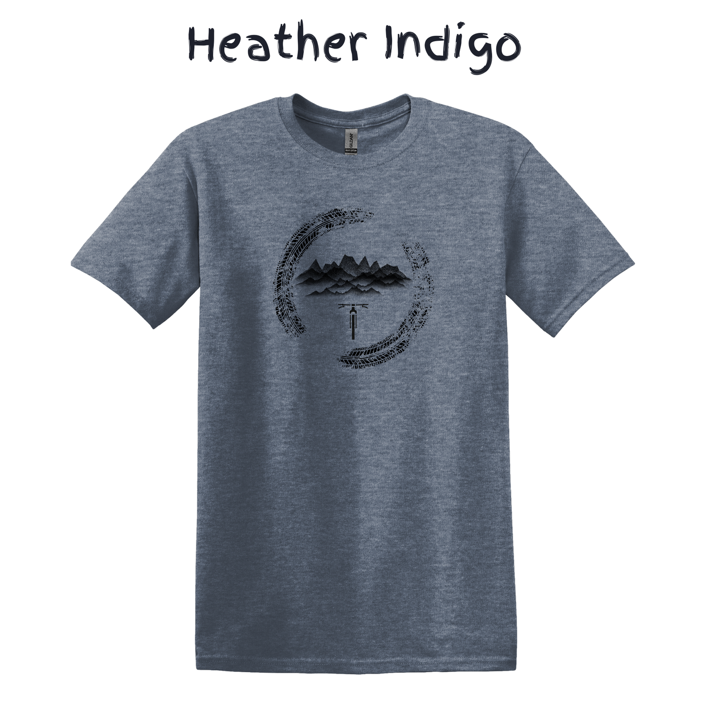 Heather indigo t-shirt with a black mountain bike graphic design on a white background