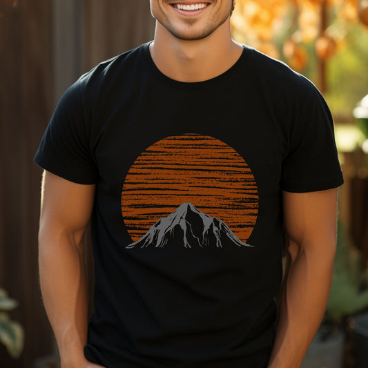 Mountain Men's Tshirt Nature Lover Tee Camping Outdoorsy - Orange Sun Behind a Snowy Gray Mountain