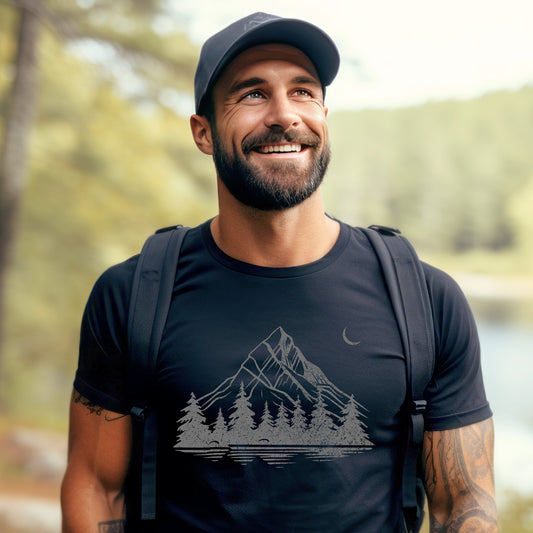 Hiking Tshirt Mens Graphic Tee Mountain T Shirt Pine Tree Forest Moon - Grey Crackled Pattern