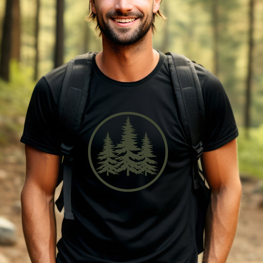 Men's Camping Shirt Graphic Tee Nature Hiking Shirt - Green Pine Forest Within a Circle