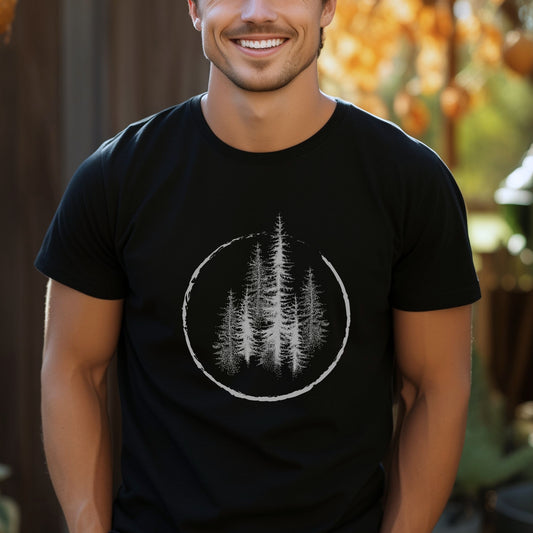 Men's Mountain T-Shirts Trees Forest Hiking Shirt Tee Camping Adventure - Gray Pine Trees in a Circle