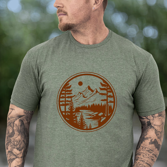 Mens Camping Shirt Hiking Mountain T-shirts Adventure Wear Outdoor Nature Lover - Orange Mountain in a Circle