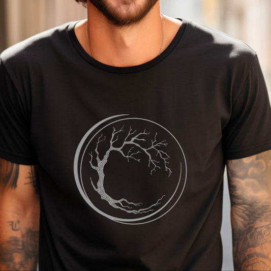 Man wearing a black t-shirt with a white tree design graphic