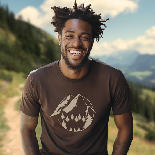 Mountain Tshirt Mens Hiking Shirt Camping Graphic Tee - Beige Mountain with Trees in a Circle