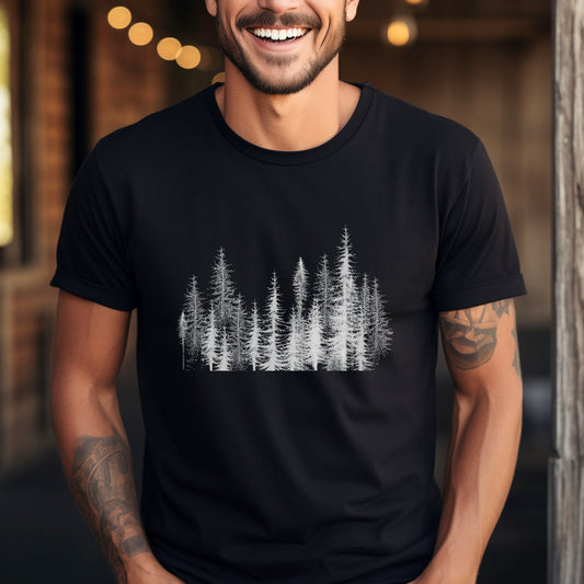 Men's Graphic Tee Pine Tree Line TShirt Hiking Camping Forest Adventure Wear Outdoorsy Nature Lover