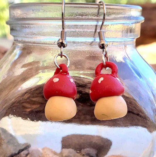 Mini Mushroom Earrings Dangle Red White Fairy-Tale Handmade Polymer Clay