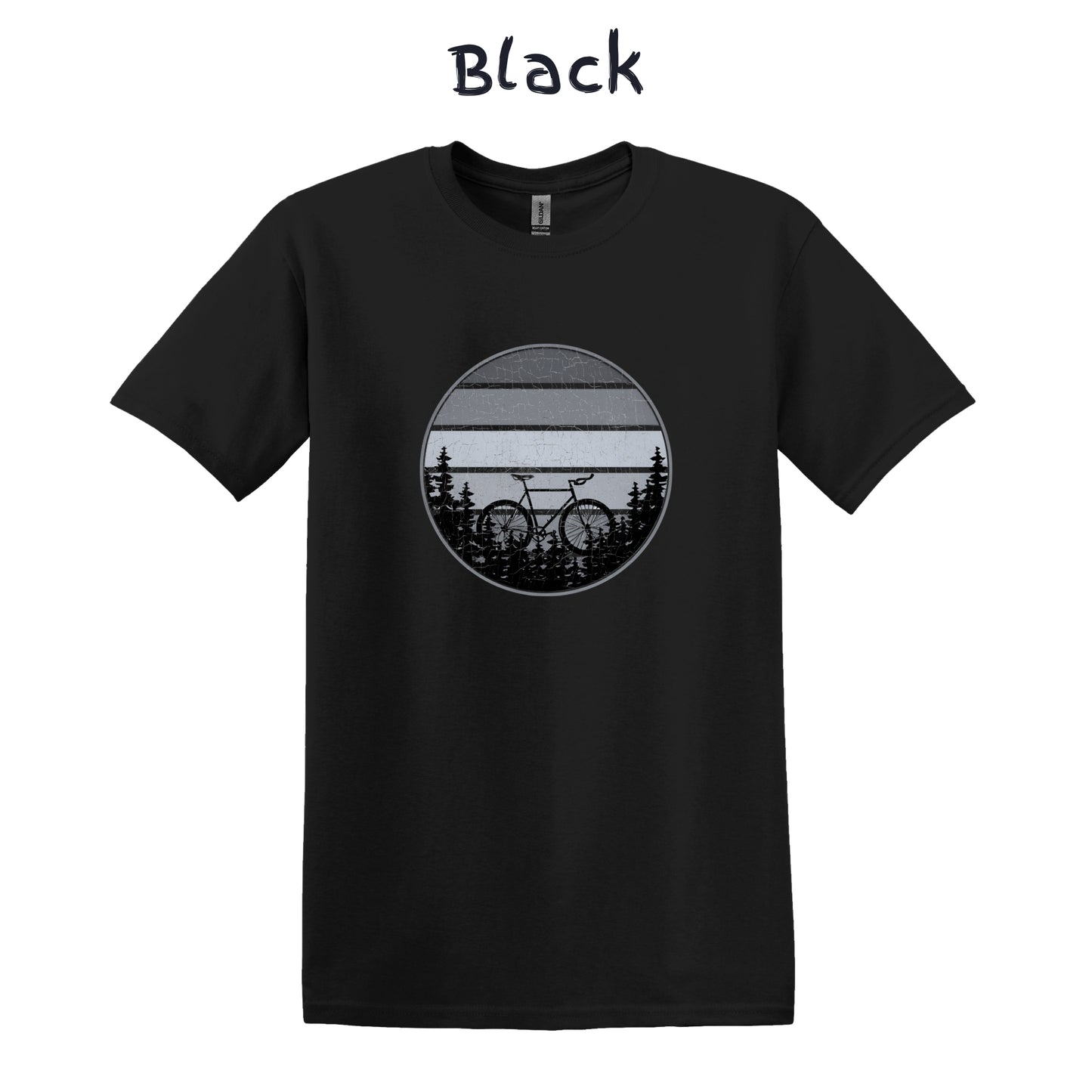 Mountain Biker TShirt Mountain Bike MTB Biking - Grey Bicycle in Front Of Striped Circle with Trees