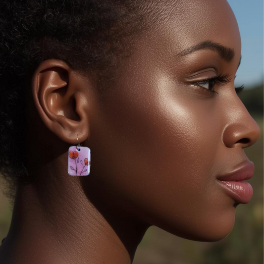 Close-up of a woman wearing a pink floral copper earring with a blurred natural background