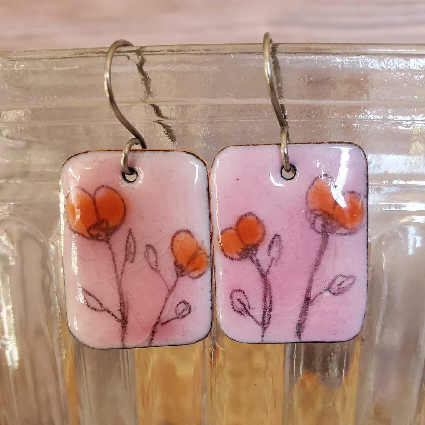 Pink Copper Enamel Dangle Earrings 2 Delicate Boho Pink Orange Flowers