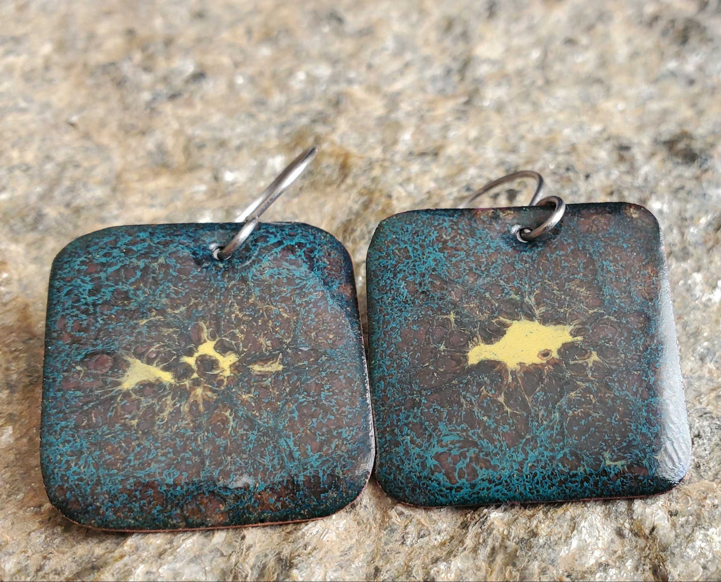 Handmade Boho Copper Dangle Earrings Brown Black Yellow Blue Glass