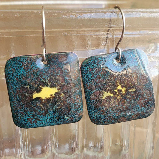 Handmade Boho Copper Dangle Earrings Brown Black Yellow Blue Glass
