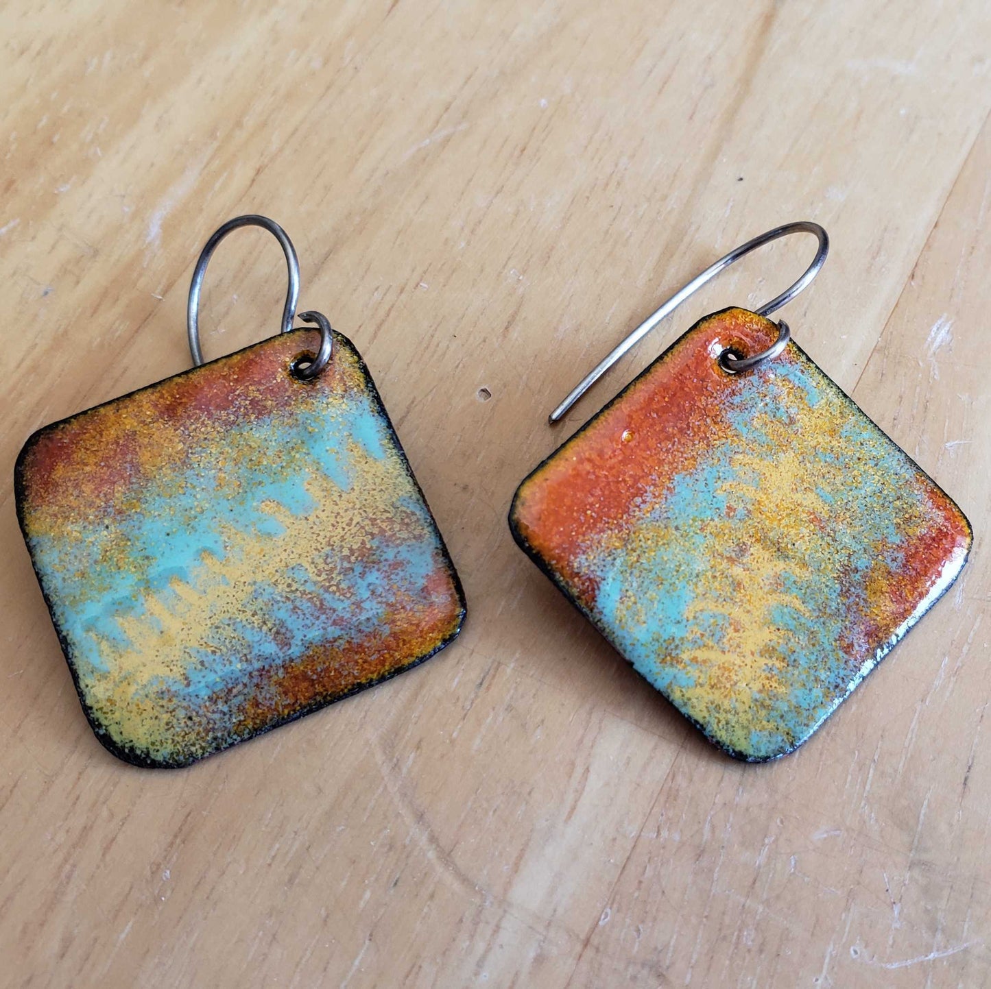 Natural Boho Dangle Earrings Enameled Copper Mint Green Orange Yellow Fern Like Pattern