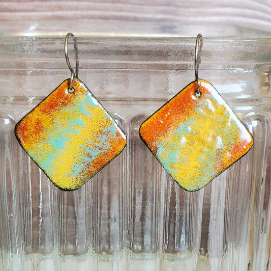 Natural Boho Dangle Earrings Enameled Copper Mint Green Orange Yellow Fern Like Pattern