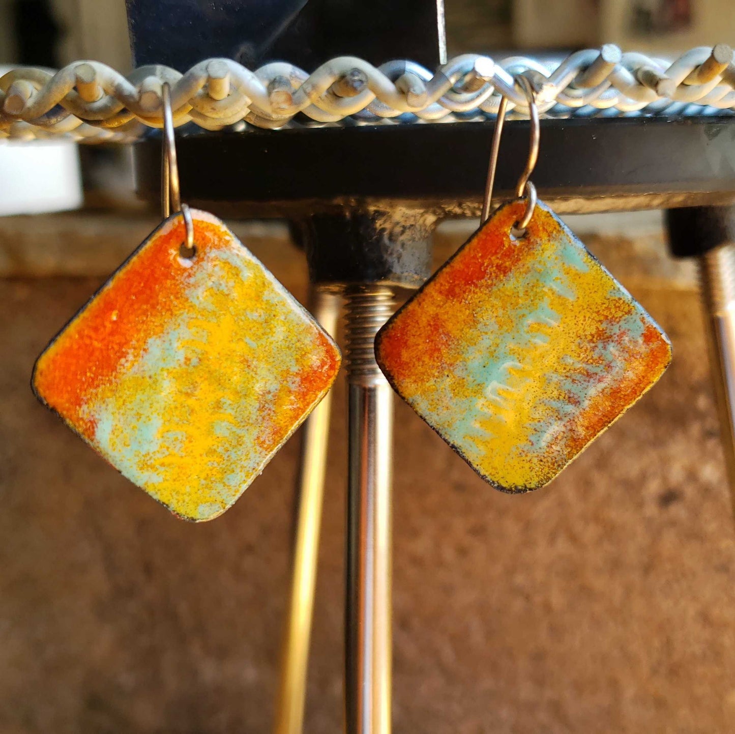 Natural Boho Dangle Earrings Enameled Copper Mint Green Orange Yellow Fern Like Pattern