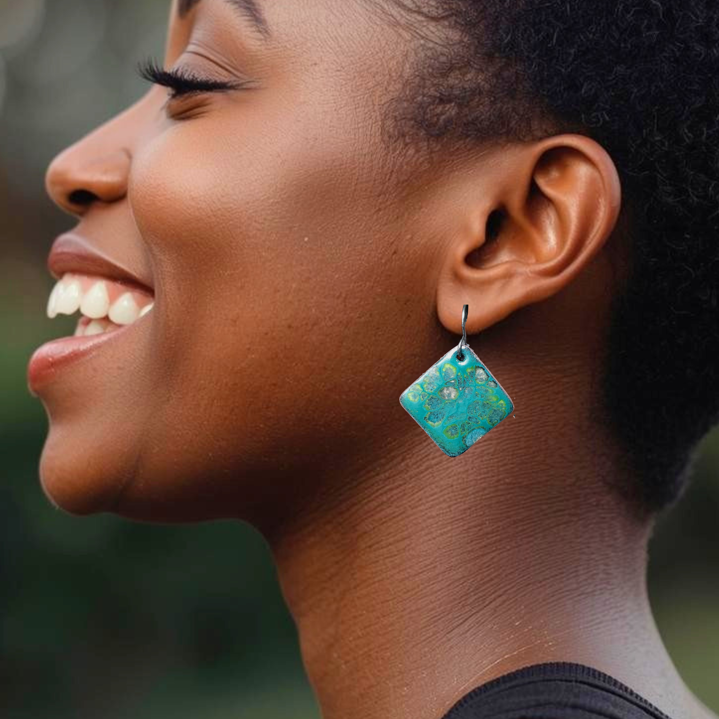 Teal Copper Earrings with Yellows and Greens Rectangle Dangles with Big Crackle Design