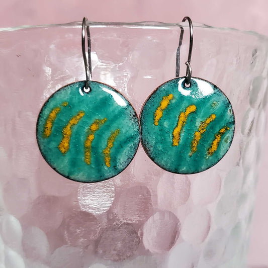 Turquoise and yellow copper enamel earrings