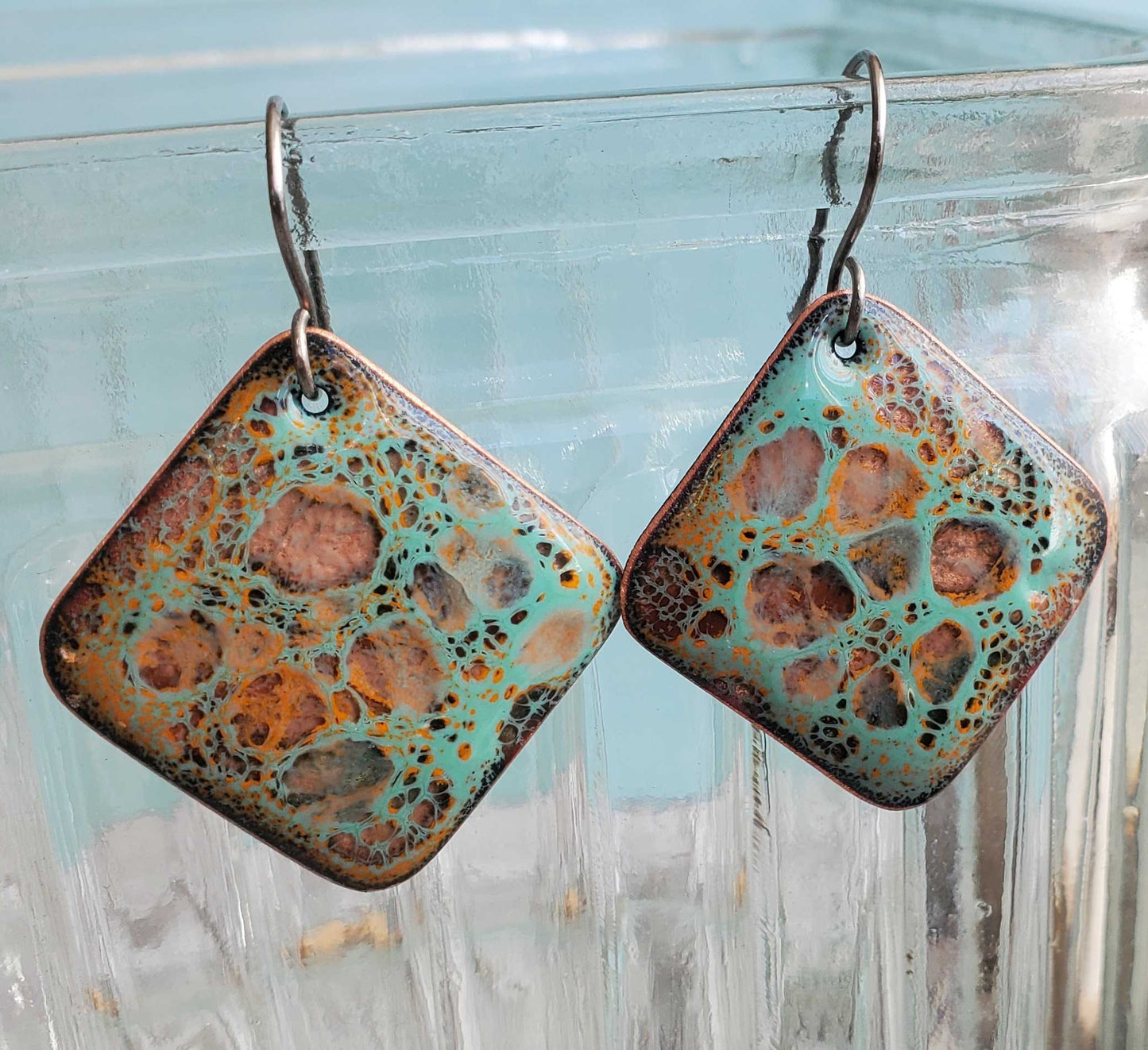 Handmade Copper Earrings Unique Moonscape Design Turquoise Yellow Crackle Pattern