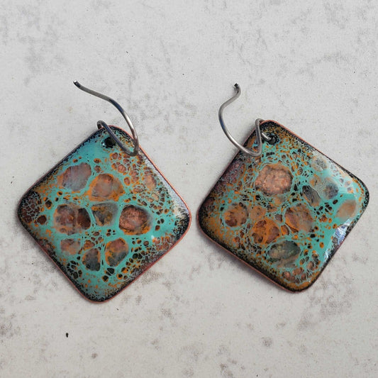 Handmade Copper Earrings Unique Moonscape Design Turquoise Yellow Crackle Pattern