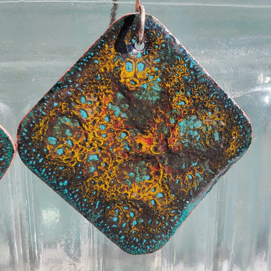 Boho Copper Dangle Earrings with Nebula-Inspired Cosmic Design - Fired Glass on Copper