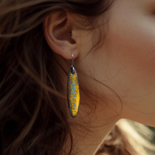 Long Oval Copper Earrings Dangle Yellow Blue Crackle Design - Fishing Vibes