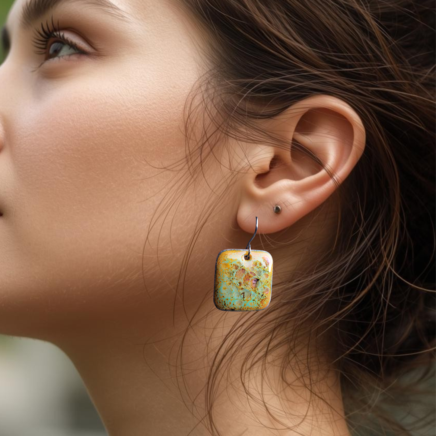 Yellow and Teal Copper Enamel Earrings with a Big Crackle Design