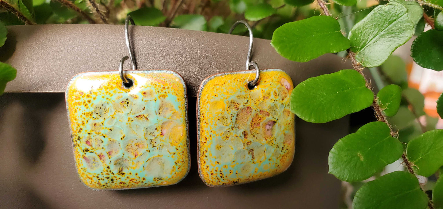 Yellow and Teal Copper Enamel Earrings with a Big Crackle Design