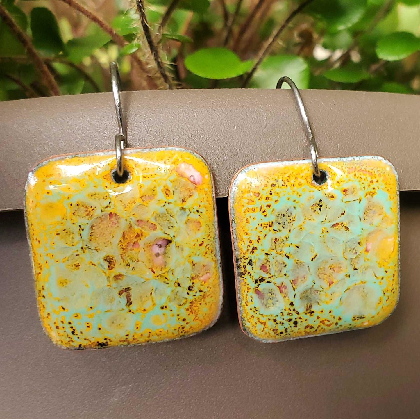 Yellow and Teal Copper Enamel Earrings with a Big Crackle Design