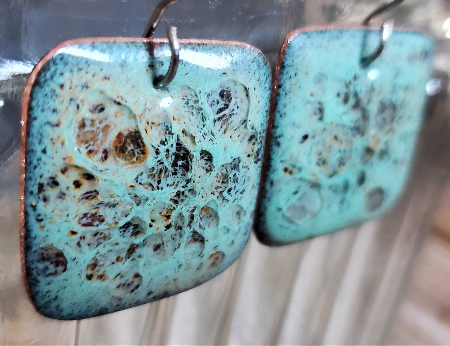 Teal Copper Earrings Rectangle Dangle Boho Big Crackle Design