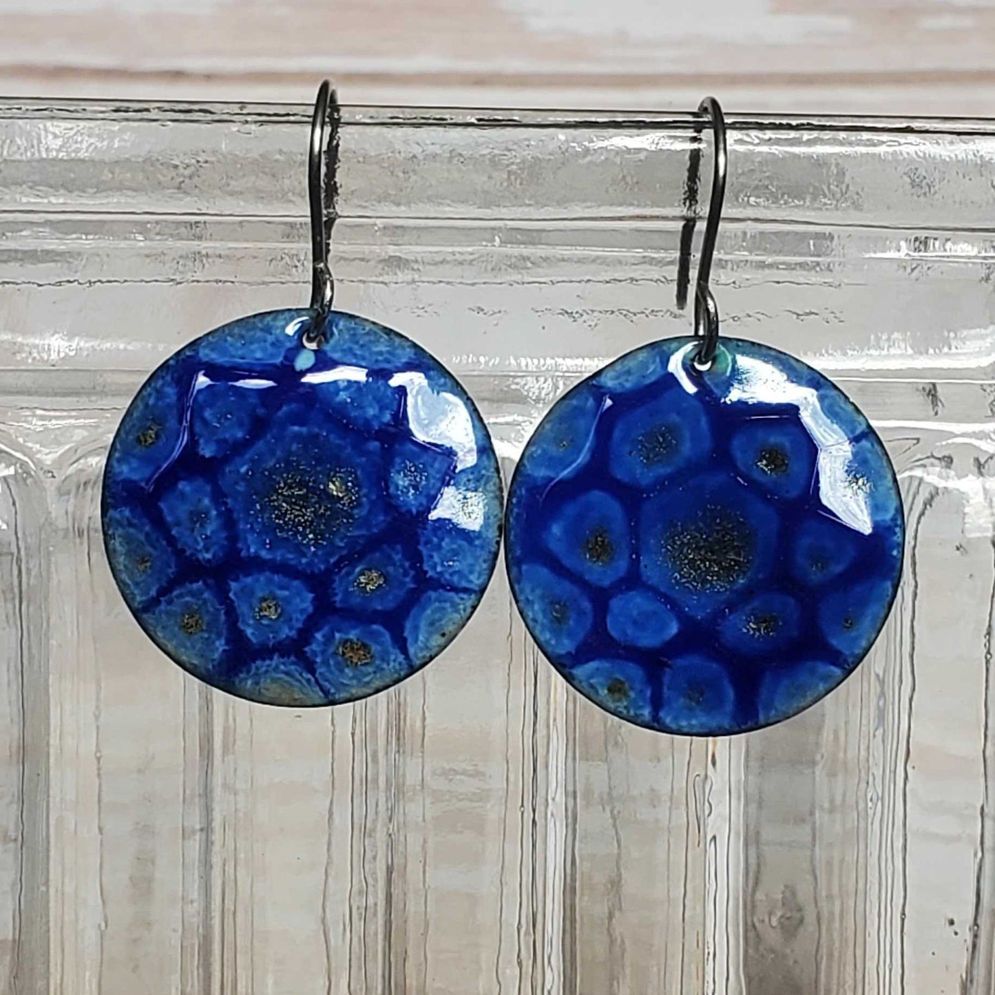 Blue Circular Copper Earrings Dangle Boho Mandala Like Pattern