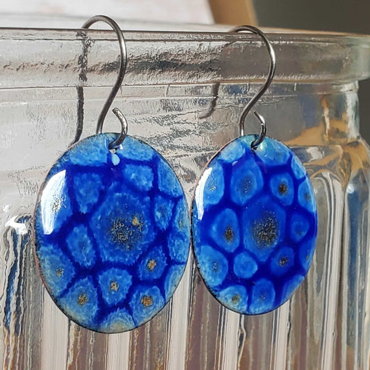 Blue Circular Copper Earrings Dangle Boho Mandala Like Pattern