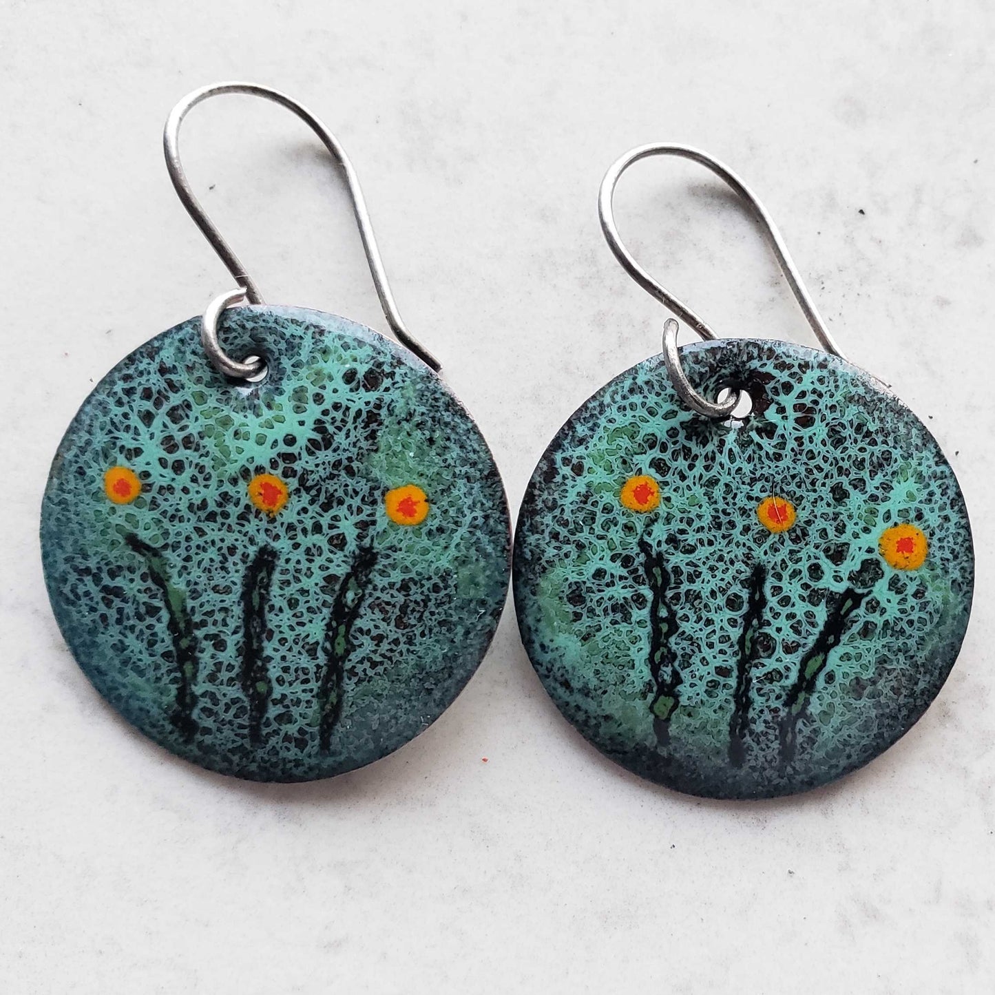 Copper Dangle Earrings Turquoise Crackle Design with 3 Flowers Boho Natural