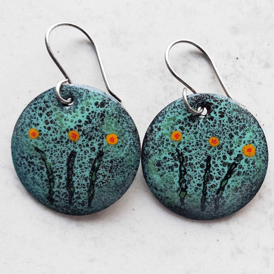 Copper Dangle Earrings Turquoise Crackle Design with 3 Flowers Boho Natural