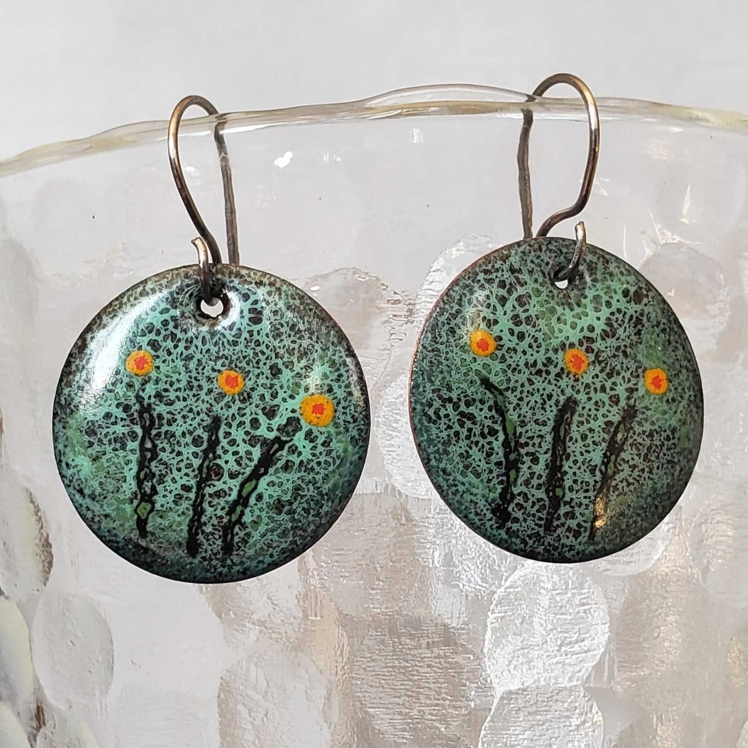 Copper enamel earrings blue turquoise 3 flowers