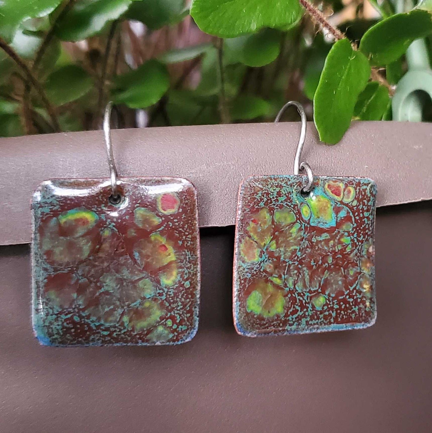 Brown Teal Copper Earrings Rectangle Crackle Design Dangle Boho