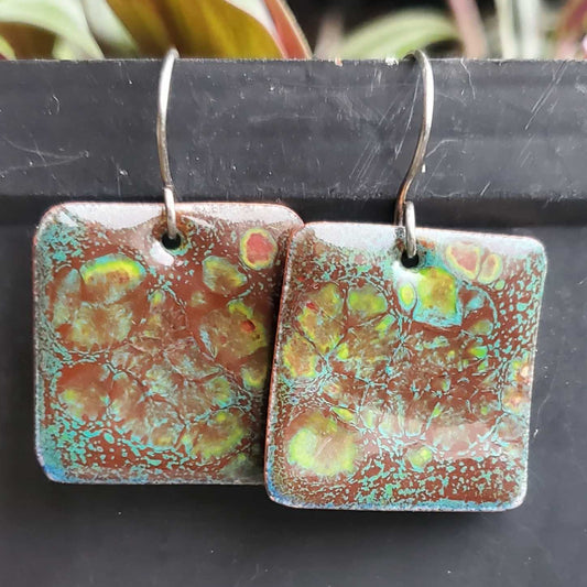 Brown Teal Copper Earrings Rectangle Crackle Design Dangle Boho