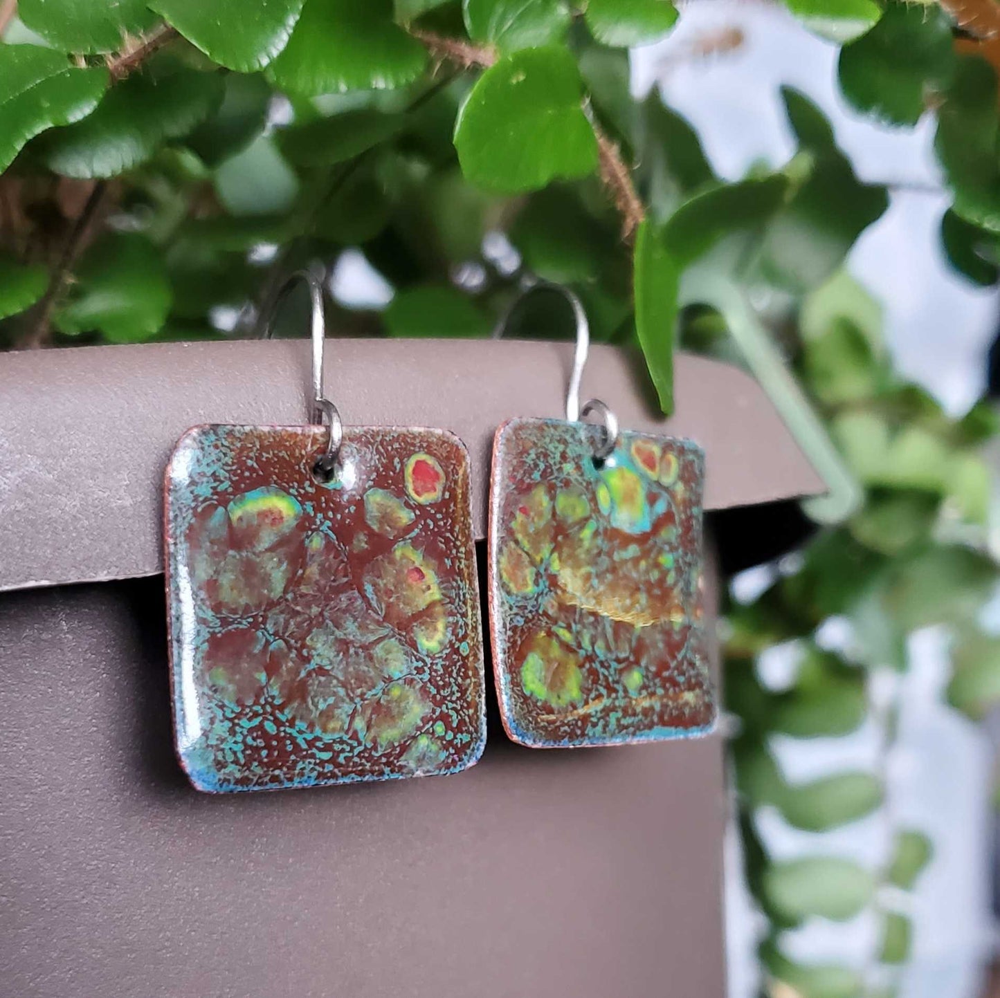 Brown Teal Copper Earrings Rectangle Crackle Design Dangle Boho
