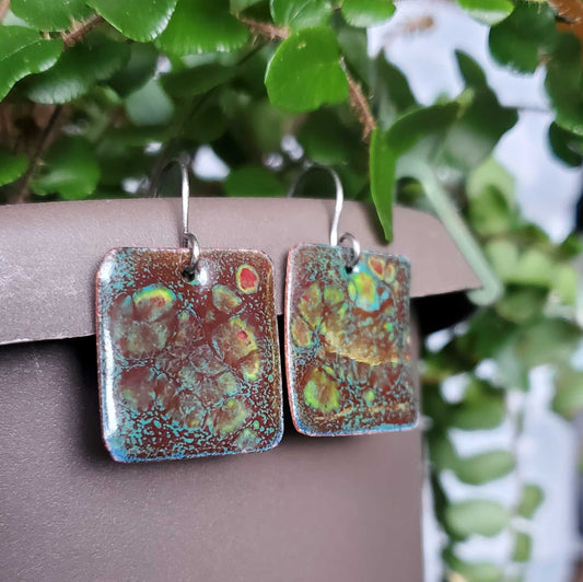 Brown Teal Copper Earrings Rectangle Crackle Design Dangle Boho