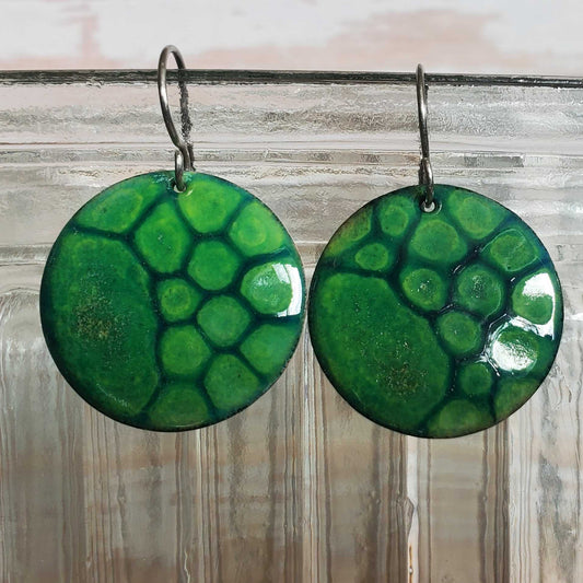 Green Copper Earrings Dangle Boho Circles Turtle Shell Pattern
