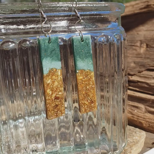 Green & Gold Bar Earrings – Real Jasmine Flower Sand Lake-Inspired Handmade