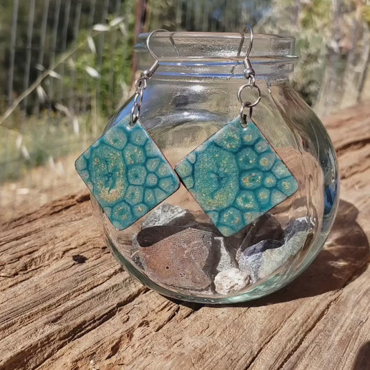 Handmade Copper Enameled Earrings - Blue Beige Yellow Swirls